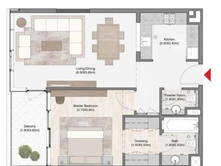 Floor plan - High-Floor 1BR | Pool View | South Living
