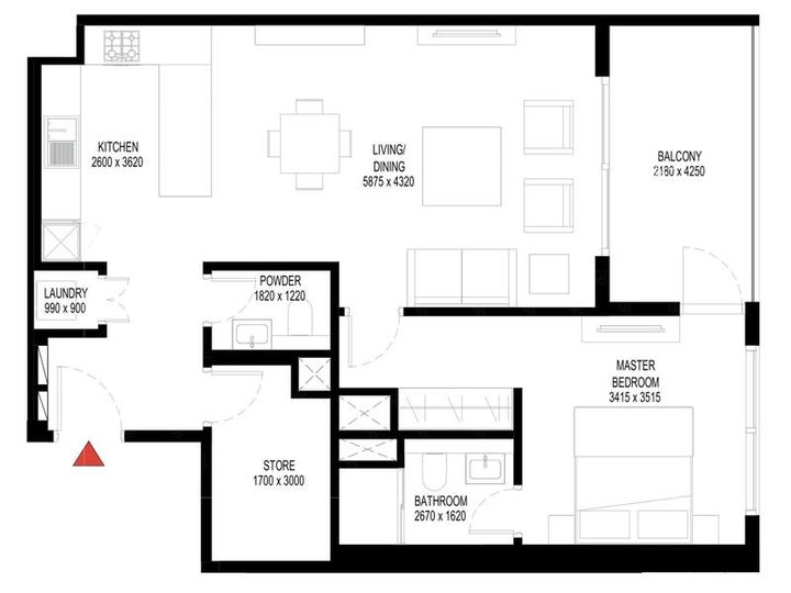 Floor plan - Spacious 1BR+Study Pool View | Sobha Rent